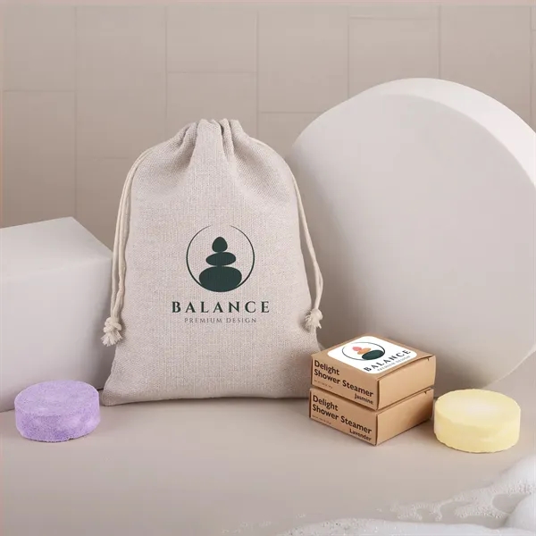 Two-piece scented shower steamer set in a cinched jute bag.... from ASI 61966 HPG / Mixie