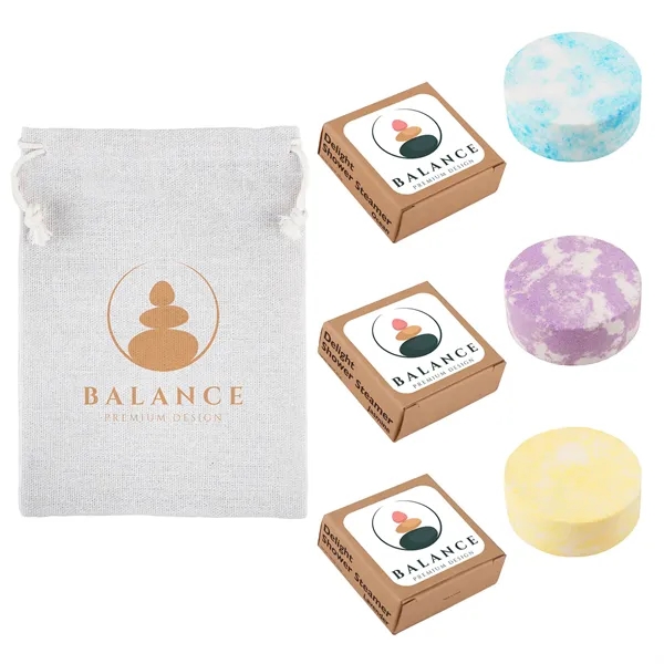 Three-piece scented shower steamer set in a cinched jute bag.... from ASI 61966 HPG / Mixie