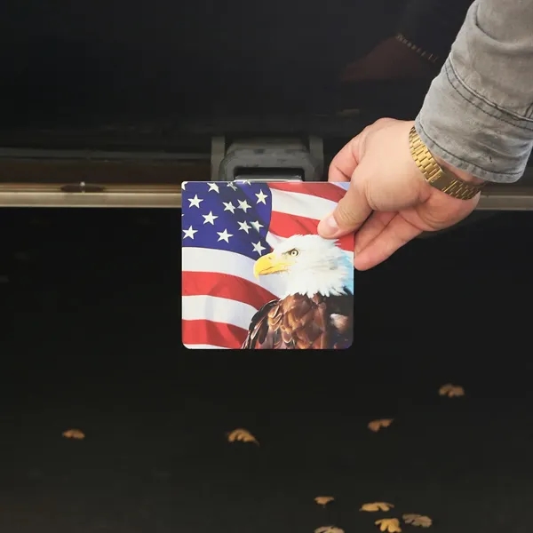 A USA-made stainless steel trailer hitch cover with a foldable design,... from ASI 61966 HPG / Best Promotions USA