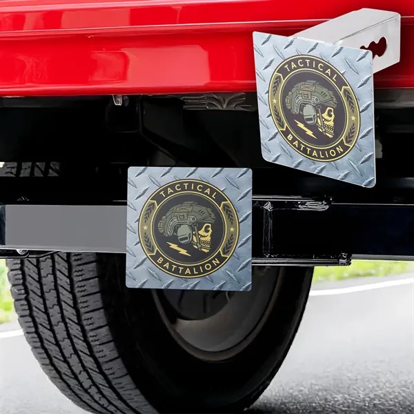 A USA-made stainless steel trailer hitch cover with a foldable design,... from ASI 61966 HPG / Best Promotions USA