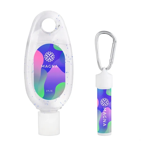 Carabiner kit containing lip moisturizer with sunscreen and moisturizing hand sanitizer.... from ASI 61966 HPG / Mixie