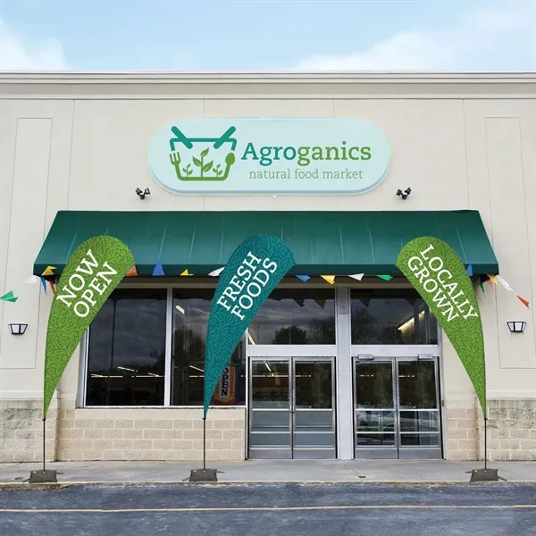 13' teardrop shaped sail sign with steel cross base and double-sided,... from ASI 87188 Showdown Displays