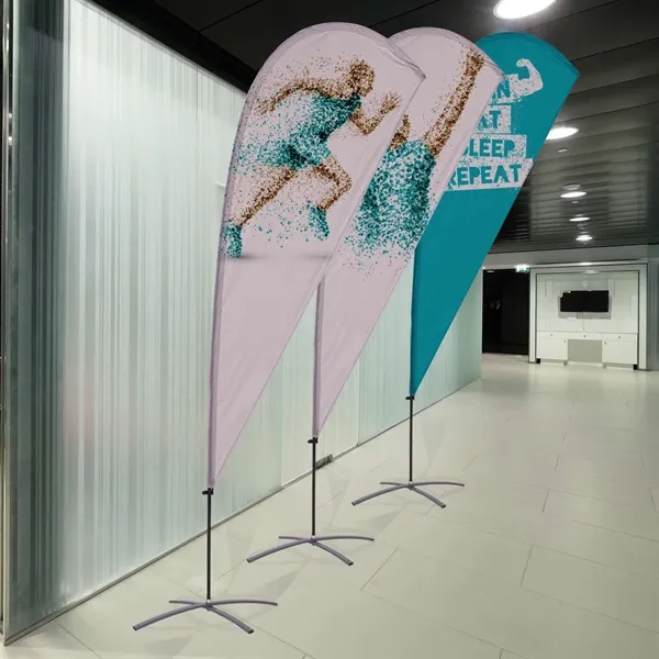 9.5' teardrop shaped sail sign with steel cross base and double-sided,... from ASI 87188 Showdown Displays