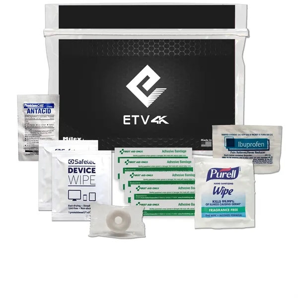 Tradeshow kit with device wipes, ibuprofen, antacid tablet, Purell wipe, and... from ASI 84514 Safety Made