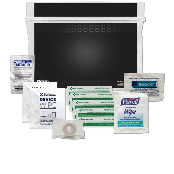 Tradeshow kit with device wipes, ibuprofen, antacid tablet, Purell wipe, and... from ASI 84514 Safety Made