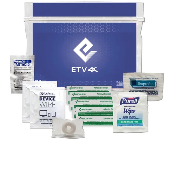 Tradeshow kit with device wipes, ibuprofen, antacid tablet, Purell wipe, and... from ASI 84514 Safety Made