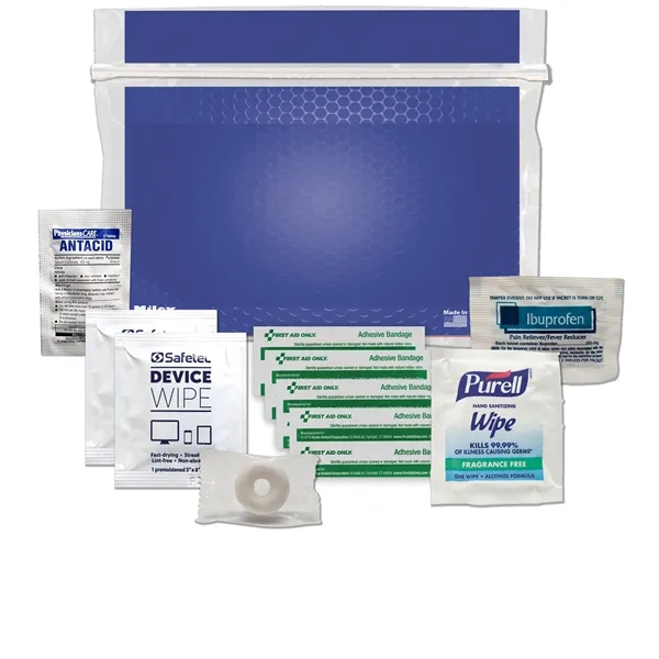 Tradeshow kit with device wipes, ibuprofen, antacid tablet, Purell wipe, and... from ASI 84514 Safety Made