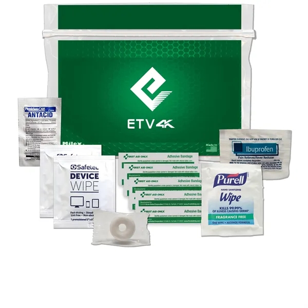Tradeshow kit with device wipes, ibuprofen, antacid tablet, Purell wipe, and... from ASI 84514 Safety Made
