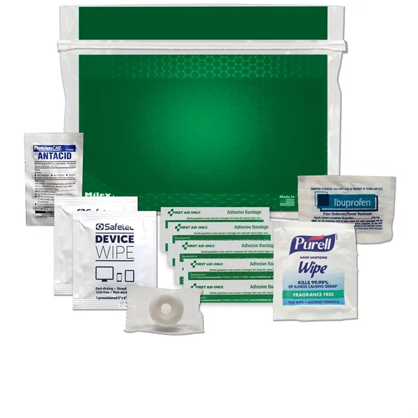 Tradeshow kit with device wipes, ibuprofen, antacid tablet, Purell wipe, and... from ASI 84514 Safety Made