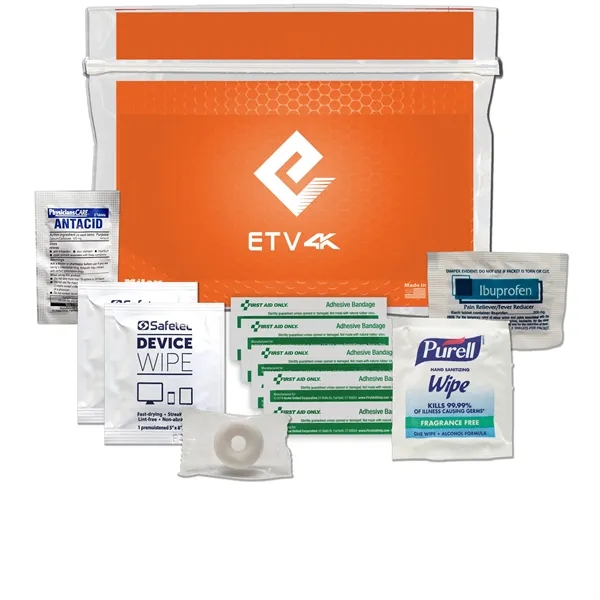 Tradeshow kit with device wipes, ibuprofen, antacid tablet, Purell wipe, and... from ASI 84514 Safety Made