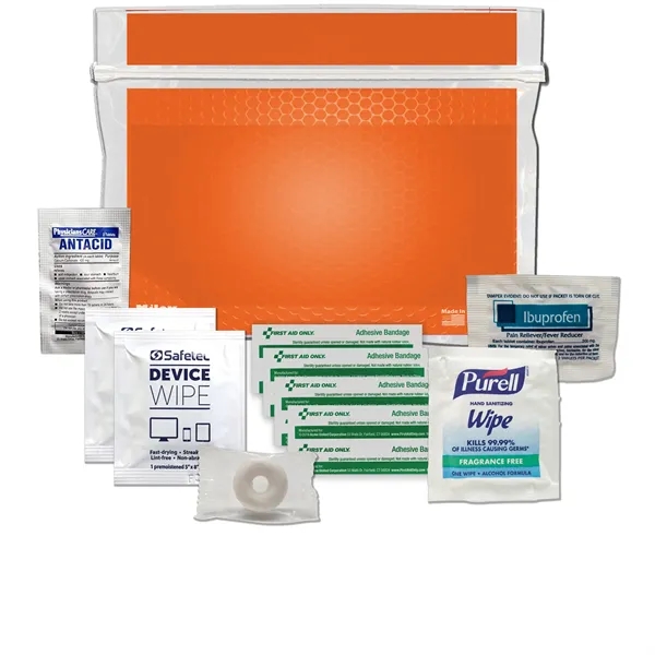 Tradeshow kit with device wipes, ibuprofen, antacid tablet, Purell wipe, and... from ASI 84514 Safety Made