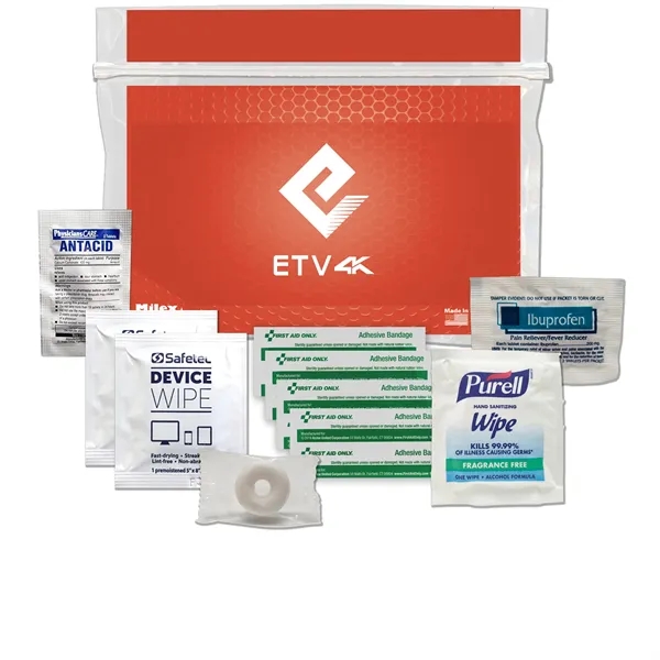 Tradeshow kit with device wipes, ibuprofen, antacid tablet, Purell wipe, and... from ASI 84514 Safety Made