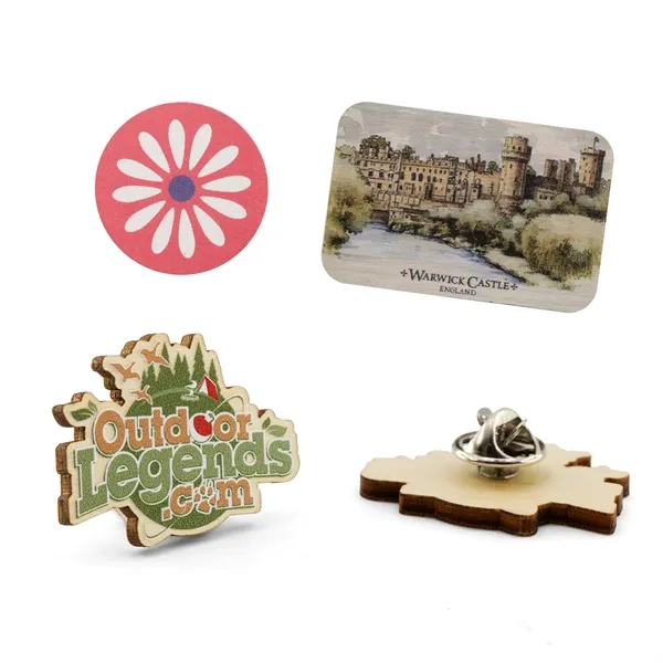 Bamboo wood lapel pins in assorted shapes and sizes with butterfly... from ASI 52263 EMT