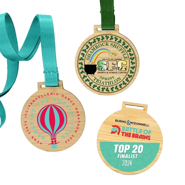 Bamboo wood round medals in assorted sizes with hanging loop and... from ASI 52263 EMT