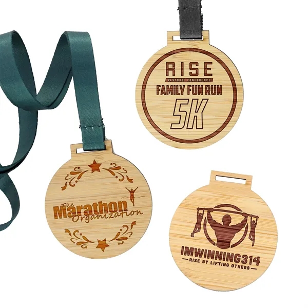 Bamboo wood medals in assorted sizes and shapes with laser engraving... from ASI 52263 EMT