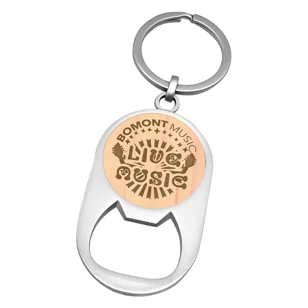 Wooden bottle opener key chain with round imprint area.... from ASI 72521 Morris Magnets / Laser Cuts