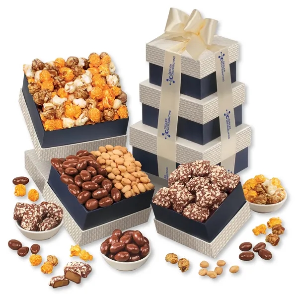 navy and pearl tower filled with chocolates, nuts, and popcorn... from ASI 68680 Maple Ridge Farms Inc