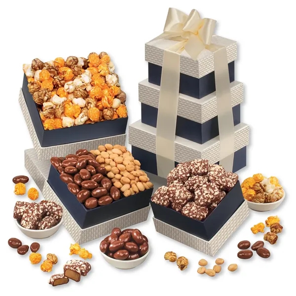 navy and pearl tower filled with chocolates, nuts, and popcorn... from ASI 68680 Maple Ridge Farms Inc