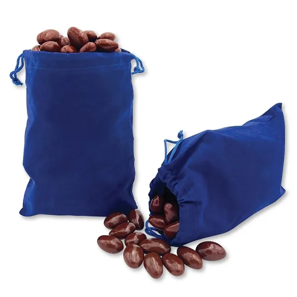 Blue velour pouch filled with chocolate covered almonds.... from ASI 68680 Maple Ridge Farms Inc