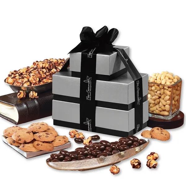 Silver & black tower filled with nuts, chocolate, and other food.... from ASI 68680 Maple Ridge Farms Inc
