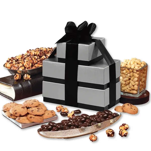 Silver & black tower filled with nuts, chocolate, and other food.... from ASI 68680 Maple Ridge Farms Inc