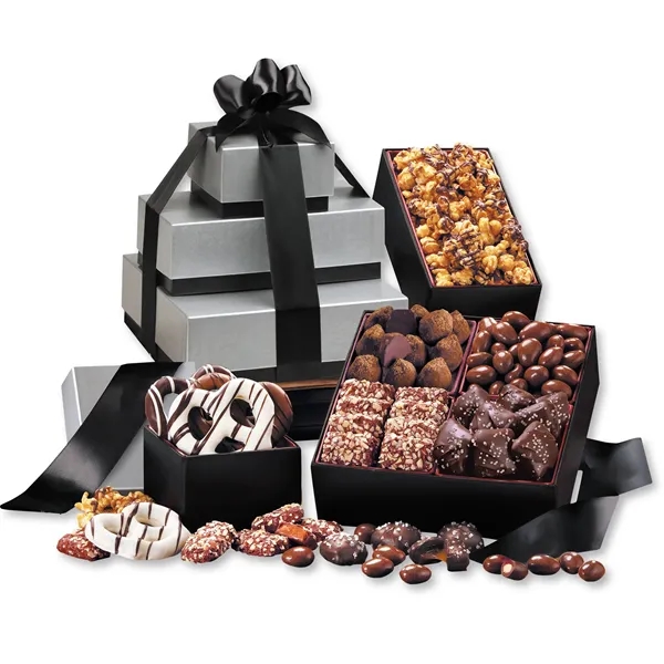 Black and silver tower filled with chocolates and popcorn.... from ASI 68680 Maple Ridge Farms Inc