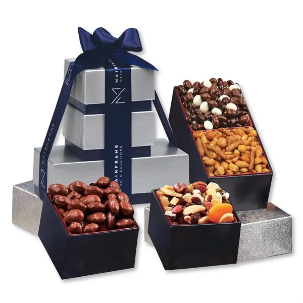 Silver and navy tower filled with snack mixes and sweets... from ASI 68680 Maple Ridge Farms Inc