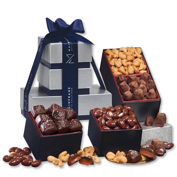 Silver and navy tower filled with chocolates and nuts.... from ASI 68680 Maple Ridge Farms Inc