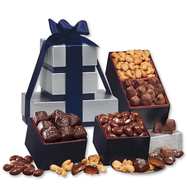 Silver and navy tower filled with chocolates and nuts.... from ASI 68680 Maple Ridge Farms Inc