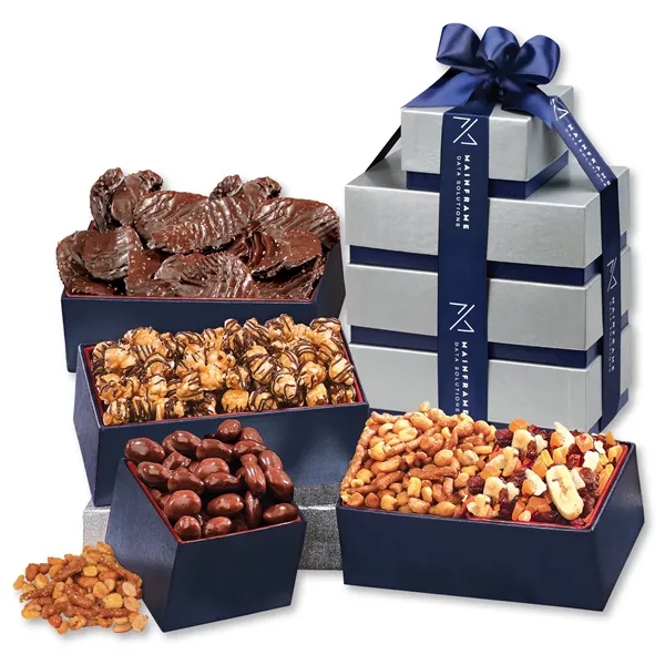 Silver and navy tower filled with chocolates, nuts, and snack mixes.... from ASI 68680 Maple Ridge Farms Inc