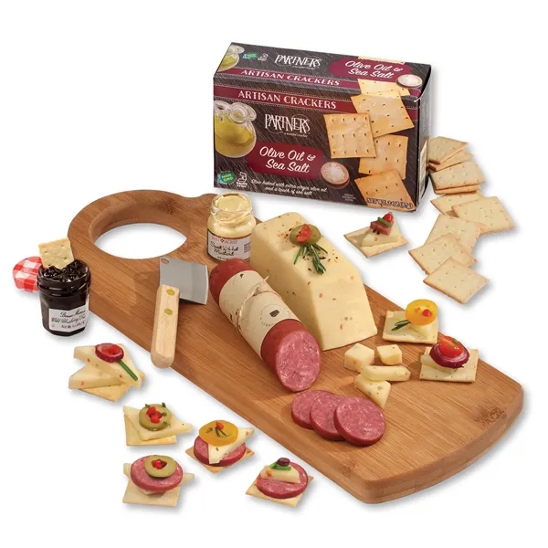 cutting board packed with shelf stable cheese, sausage, and crackers... from ASI 68680 Maple Ridge Farms Inc