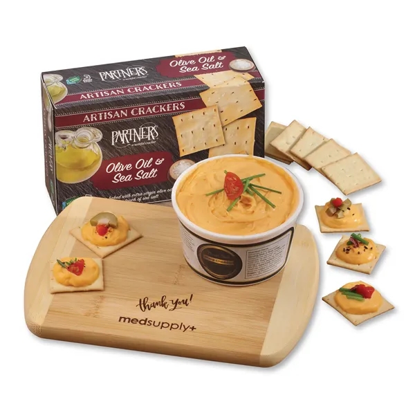 Bamboo cutting board with cheddar cheese spread and crackers... from ASI 68680 Maple Ridge Farms Inc