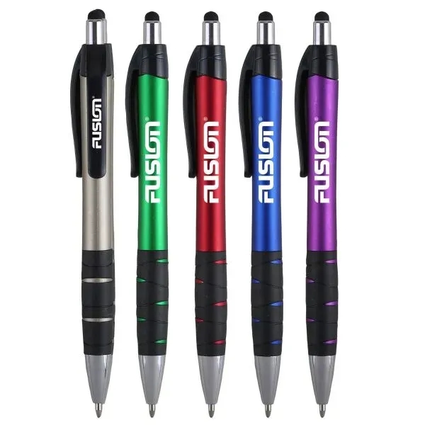 Retractable gel ink pen with rubberized grip and stylus tip.... from ASI 52840 Evans Manufacturing