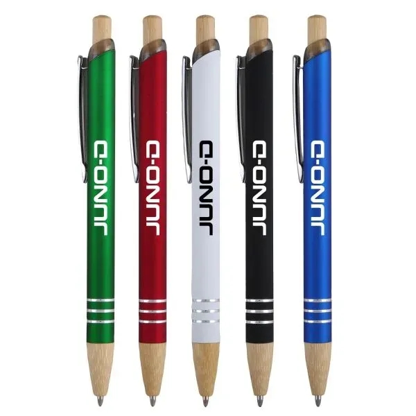 Plunger action pen composed of recycled aluminum with bamboo accents.... from ASI 52840 Evans Manufacturing