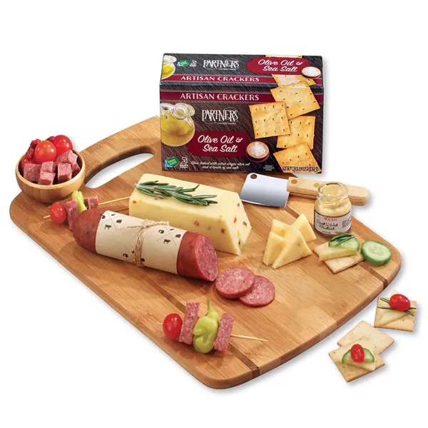 Bamboo cutting board with shelf stable cheese, sausage, and crackers... from ASI 68680 Maple Ridge Farms Inc