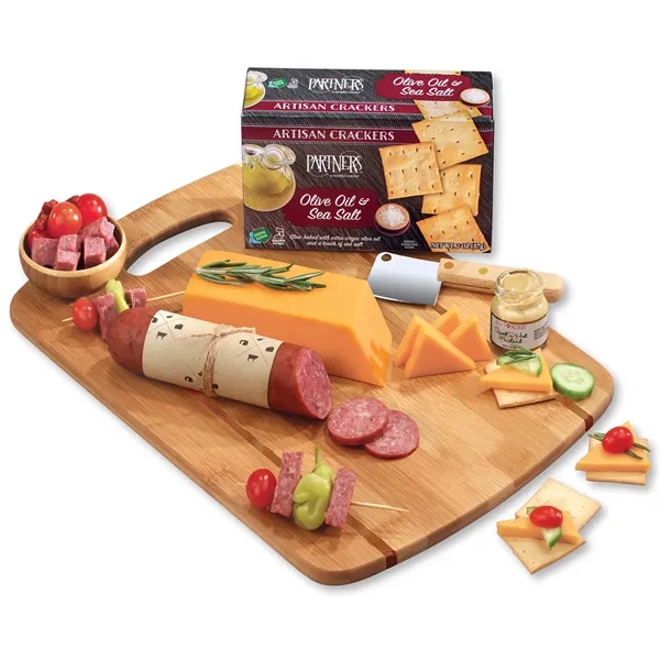 Bamboo cutting board with cheese, sausage, and crackers... from ASI 68680 Maple Ridge Farms Inc