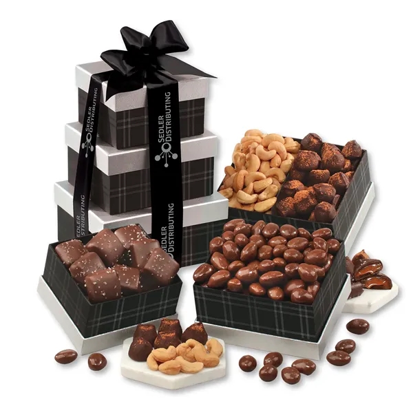 black and silver tower with chocolates and nuts... from ASI 68680 Maple Ridge Farms Inc