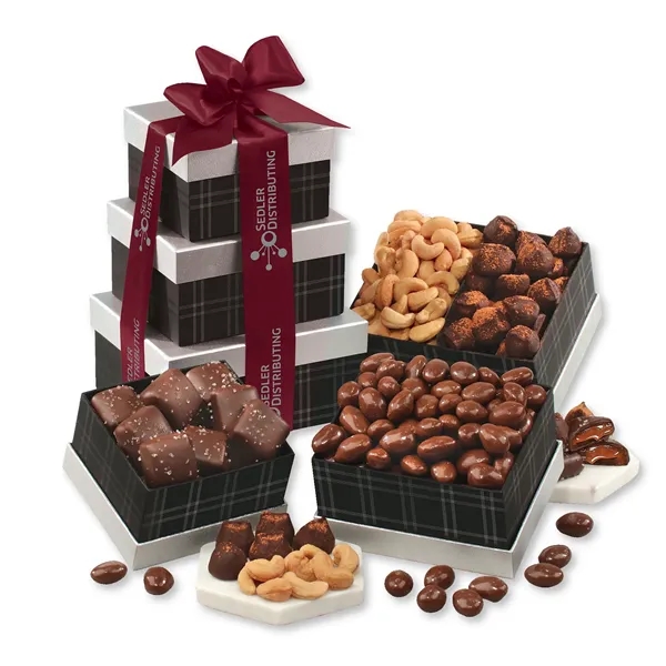 black and silver tower with chocolates and nuts... from ASI 68680 Maple Ridge Farms Inc