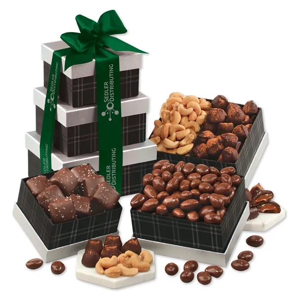 black and silver tower with chocolates and nuts... from ASI 68680 Maple Ridge Farms Inc