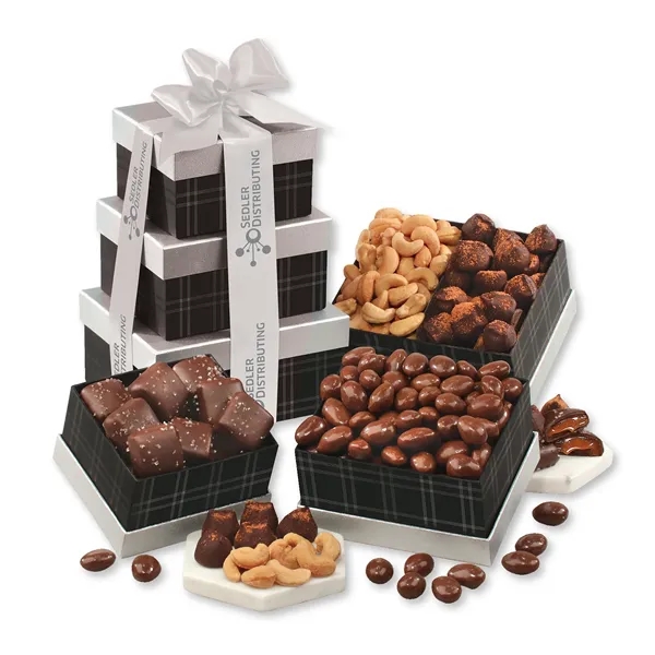 black and silver tower with chocolates and nuts... from ASI 68680 Maple Ridge Farms Inc