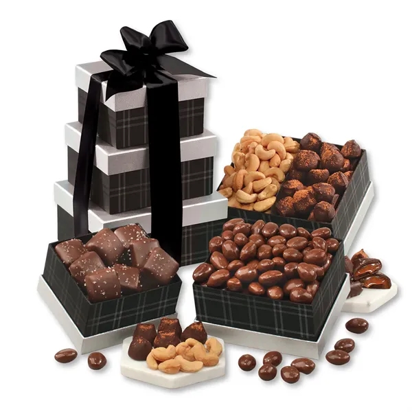 black and silver tower with chocolates and nuts... from ASI 68680 Maple Ridge Farms Inc