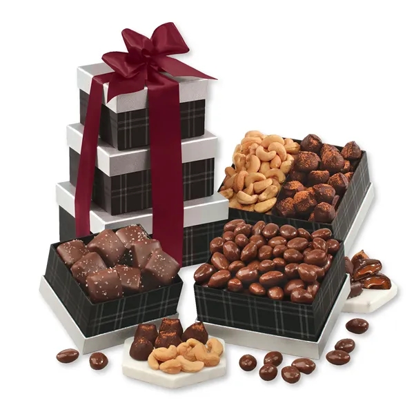 black and silver tower with chocolates and nuts... from ASI 68680 Maple Ridge Farms Inc