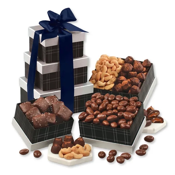 black and silver tower with chocolates and nuts... from ASI 68680 Maple Ridge Farms Inc