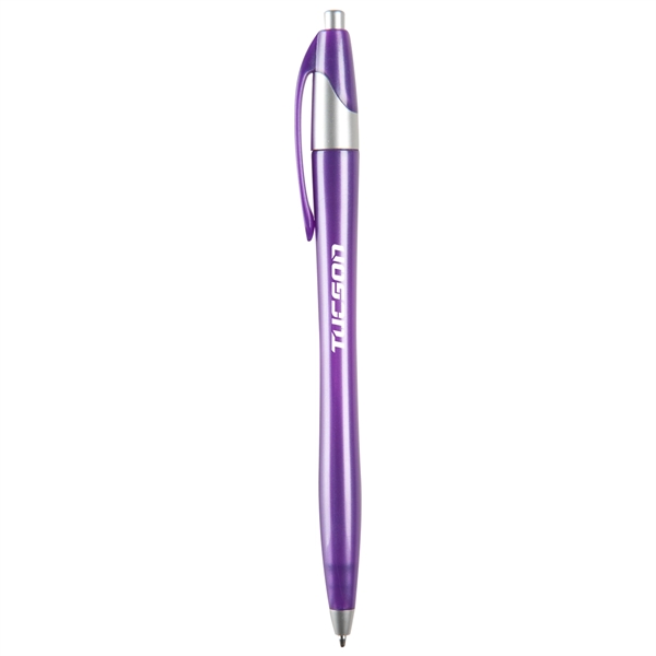 Hourglass shaped ballpoint pen with metallic barrel and silver ferrule.... from ASI 52840 Evans Manufacturing
