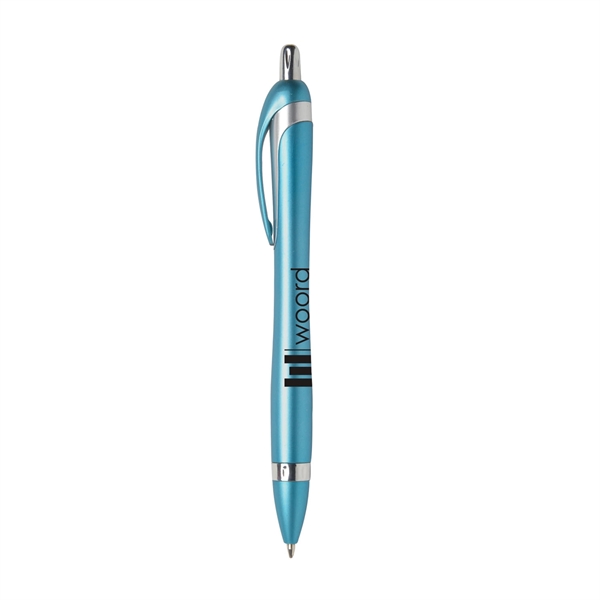 Hourglass retractable ballpoint pen with wide-body design, metallic colored barrel and... from ASI 52840 Evans Manufacturing