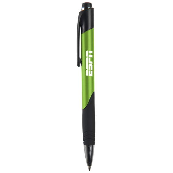 Ballpoint pen with metallic colored barrel, chrome and black ferrule and... from ASI 52840 Evans Manufacturing