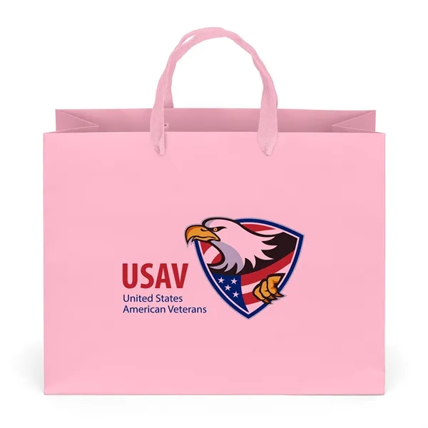 Premium-weight matte-laminated bag with woven handles and fold-over top.... from ASI 37940 Bag Makers Inc