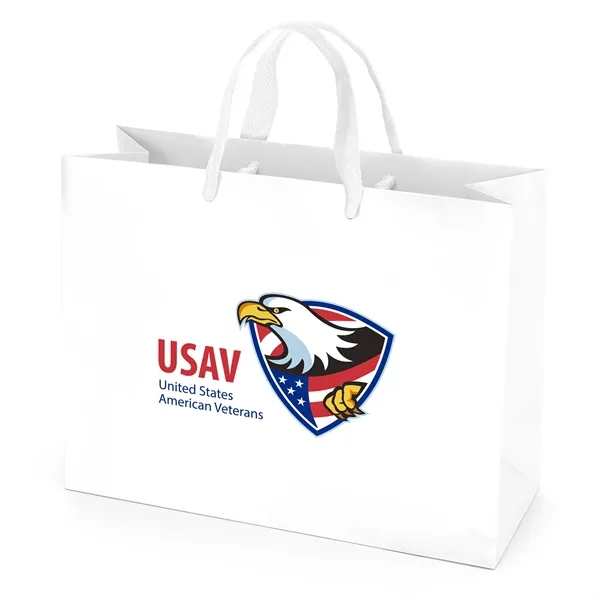 Premium-weight matte-laminated bag with woven handles and fold-over top.... from ASI 37940 Bag Makers Inc