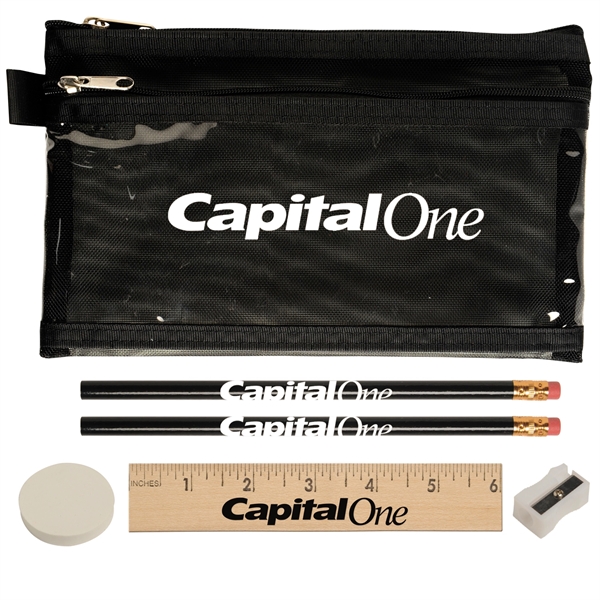 Two zippered pocket school kit has two pencils, one round eraser,... from ASI 52840 Evans Manufacturing