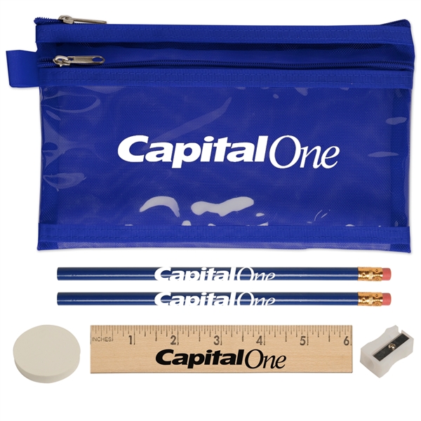Two zippered pocket school kit has two pencils, one round eraser,... from ASI 52840 Evans Manufacturing